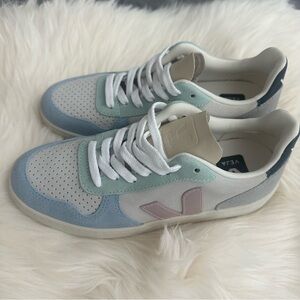 Veja V-10 Suede Pastel Low-Top Sneakers in White, Light Blue, Mint & Pale Pink